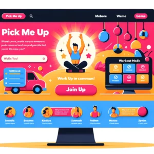 Vector design of the 'Pick Me Up' platform's homepage on a computer screen