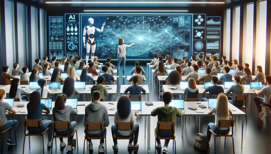 A wide, futuristic classroom filled with diverse students of various descents, including Caucasian, Hispanic, Black, Middle-Eastern, South Asian, etc